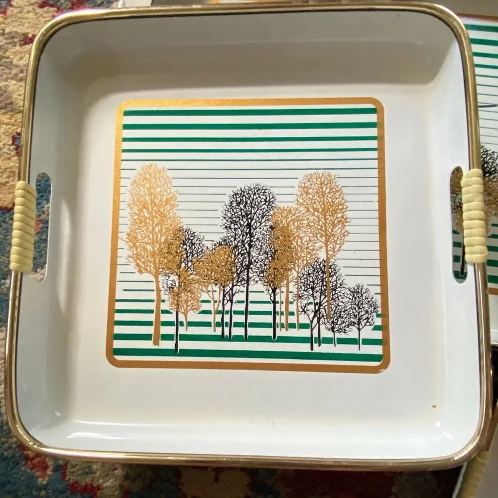 Vintage Set JAPAN Nesting Lacquerware Serving Trays Cream Trees
